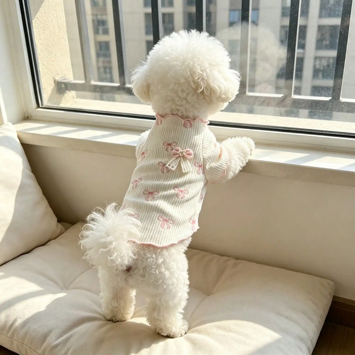 Niedliches Hundet-Shirt mit Schleifendruck und Rüschen, Weiches Geripptes Kurzarm-Oberteil mit Spitzenschleifendekor für Welpen Kleiner Rassen wie Bichon und Teddy – Detail 10