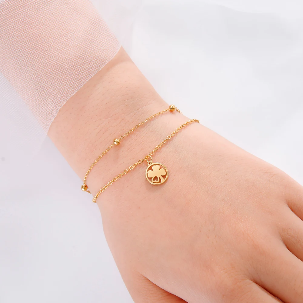 Dawapara Viel Glück Kleeblatt Armband Vierblättriges Kleeblatt Charms Schlangenkette 17 cm Armband Edelstahl Paar Schmuck – Detail 10