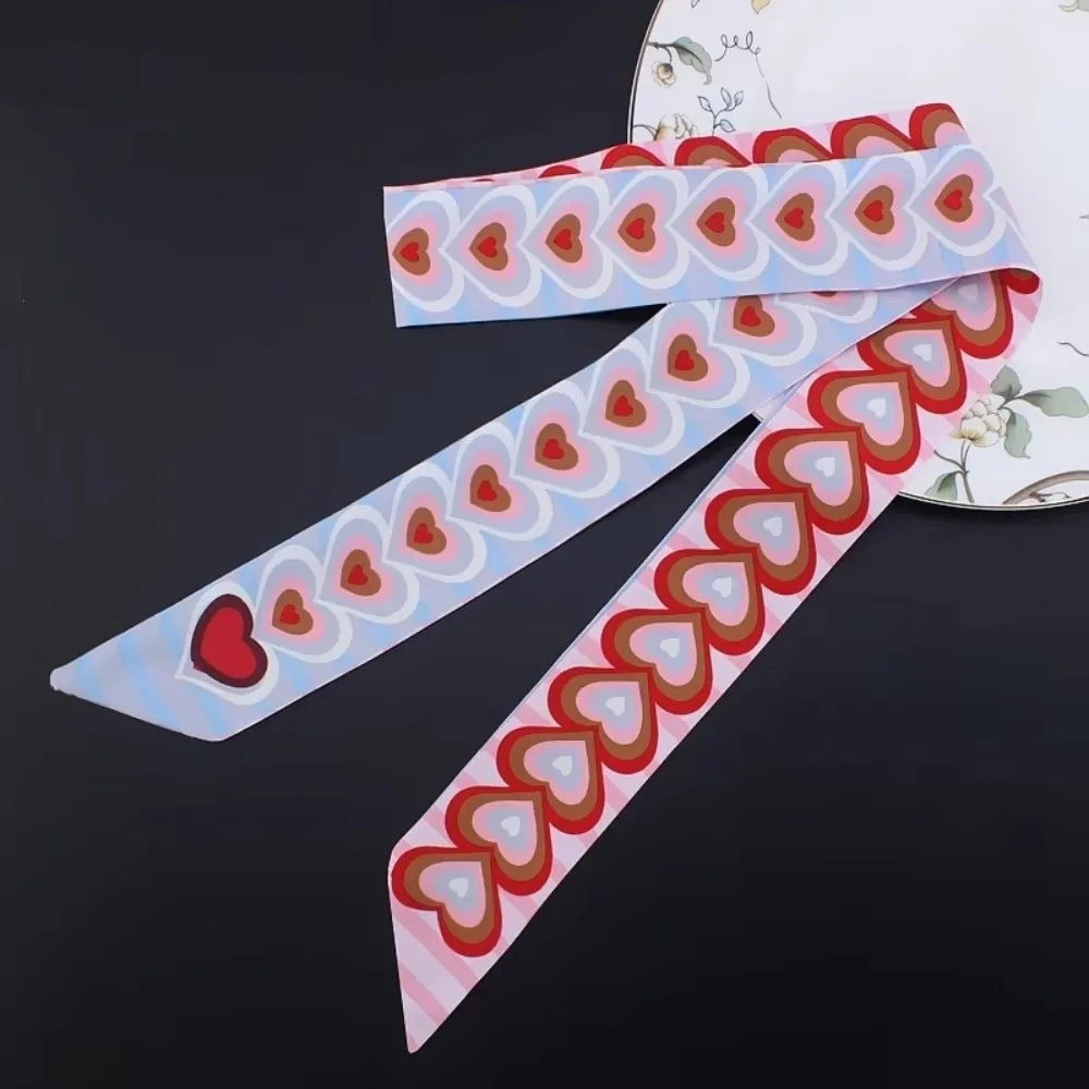 New Striped Slender Scarf Double Layer 120cm Length Neck Scarf Small Heart Pattern Satin Scarf Accessory Decoration