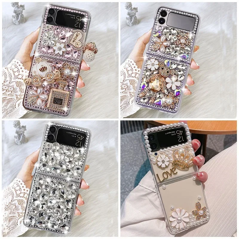 

For Samsung Galaxy Z Flip5 4 3 2 Foldable Phone Case Full Cover with Diamond Silicone Princess Style Women Phone Protective Case