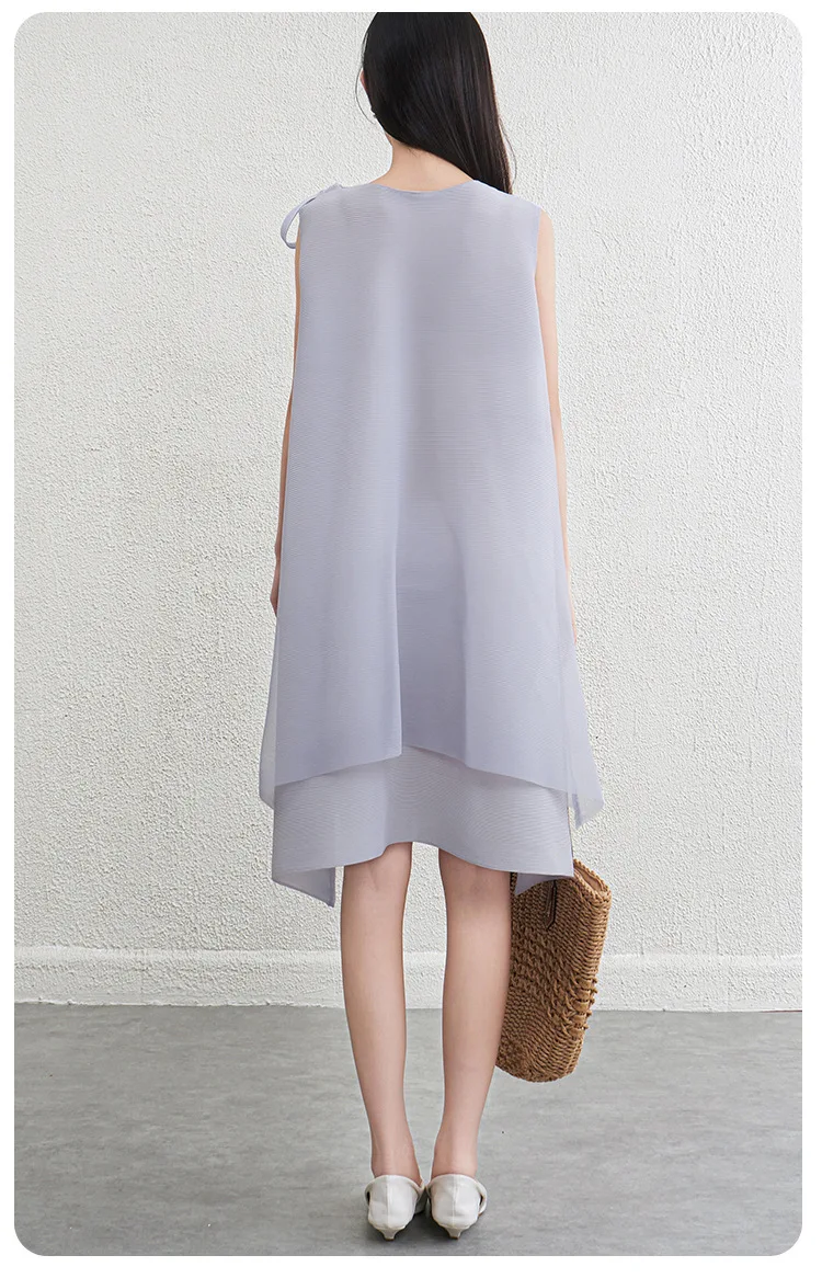 Miyake Plissiertes Kleid für Damen in Grau mit 3D-Schleife und Blumenapplikation, Frühling/Sommer 2026, A-Linie, Party, Schick, Stilvoll, Dezentes, Cooles Outfit – Detail 12