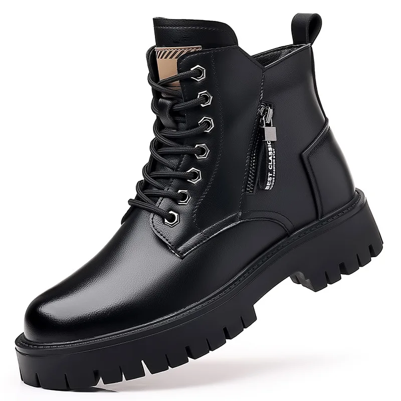 Botas altas de couro genuíno masculino, sapatos de algodão de pelúcia, botas curtas de neve de trabalho, antiderrapante, novo