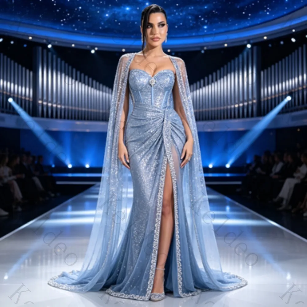 Customized Sweetheart Mermaid Evening Gown Sparkly Sequin with Long Beaded Cape High Slit Ruched Skirt Floor Length Formal Prom