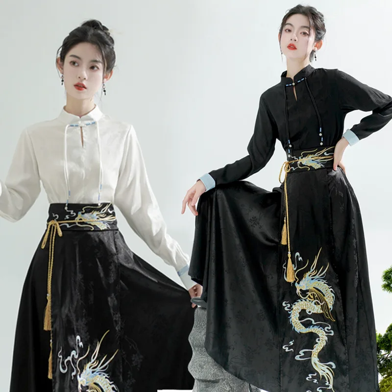 Traditional Daily Hanfu Set Horse Face Dress Women New Chinese Style Dragon Embroidery Mamian Skirt Fashion Street Wear Clothing