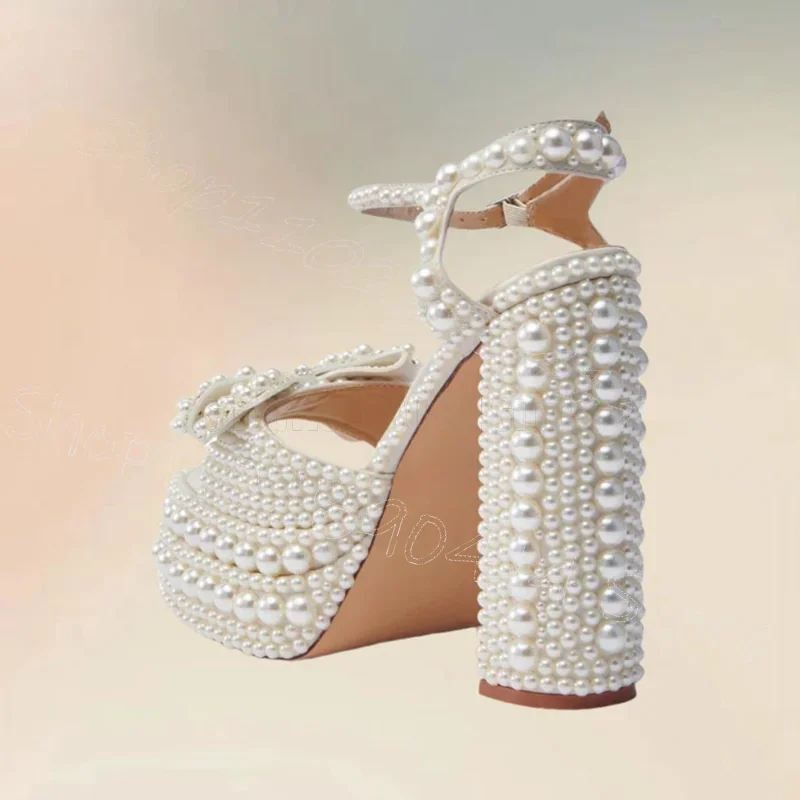 

Белые босоножки на платформе с бантом и жемчугом, с открытым носком, на массивном высоком каблуке, с ремешком на пряжке, женские туфли для вечеринок и банкетов 2025