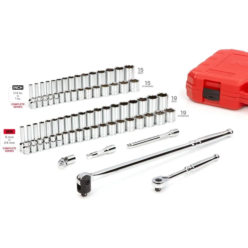 3/8 Inch Drive 6-Point Socket and Ratchet Set, 73-Piece (1/4-1 in., 6-24 mm)