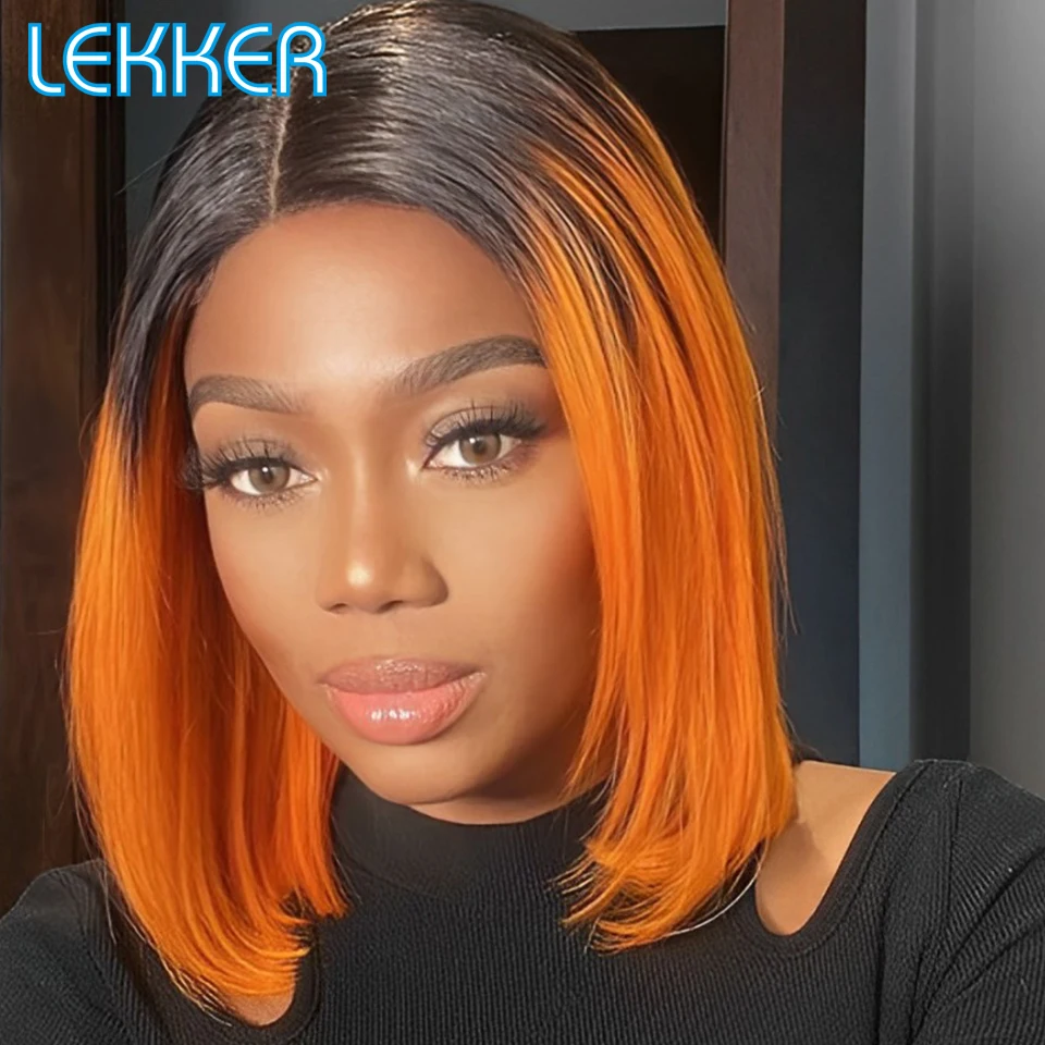 Lekker colorido curto reto bob 13x1 t frente do laço 100% perucas de cabelo humano para as mulheres cabelo remy brasileiro ombre gengibre laranja perucas