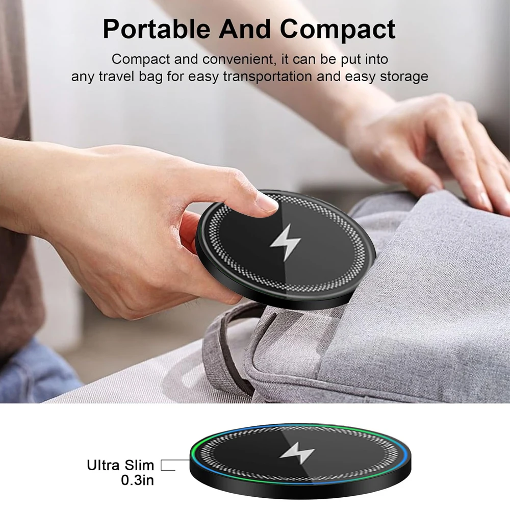 Fast Wireless Charging Pad with LED Light, Ultra-thin Round Design. Compatible with iPhone and All Qi Wireless Charging Phones.