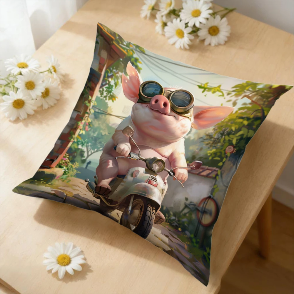 Cartoon Pig Riding Scooter Cushion Cover Pink Green Vintage Art Soft Fabric for Sofa Bed Living Room Home Decor