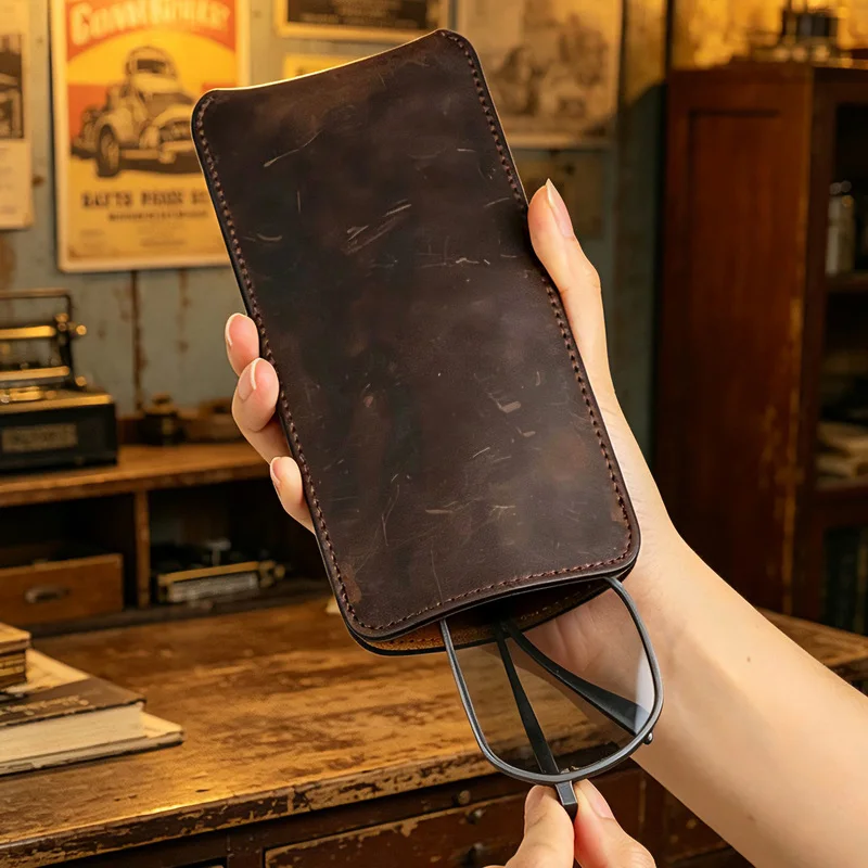 Genuine Leather Sunglasses Storage Bag Multifunctional Glasses Pouch Crazy Horse Leather Sun Glasses Case Cover Pocket