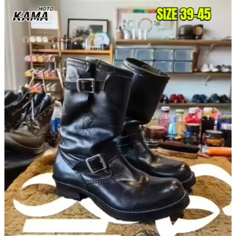 Black Buckle Decor Knight's Boots Round Toe Thick Heel Matte Leather High Heel Shoes for Men New Botas De Motociclista