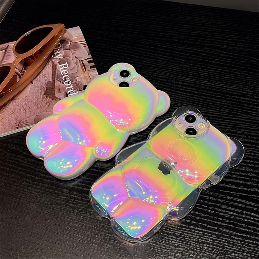 Korean Cute 3D Laser Bear Transparent Phone Case For iPhone 15 14 13 12 11 Pro Max Stylish Silicone Shockproof Soft Cover Funda