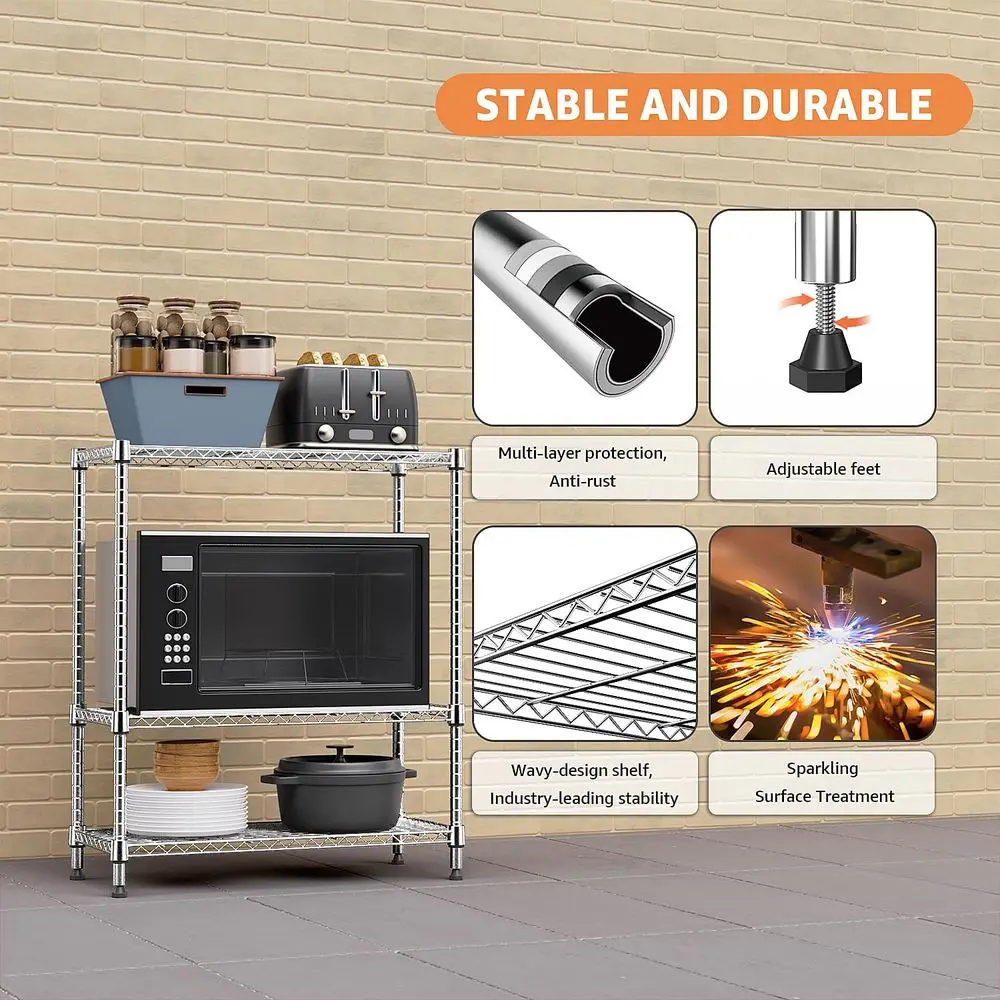 Estante de arame metálico de 3 camadas - cromada, 13,8 P x 29,5 L x 35,5 H, para lavanderia, cozinha, despensa e armazenamento