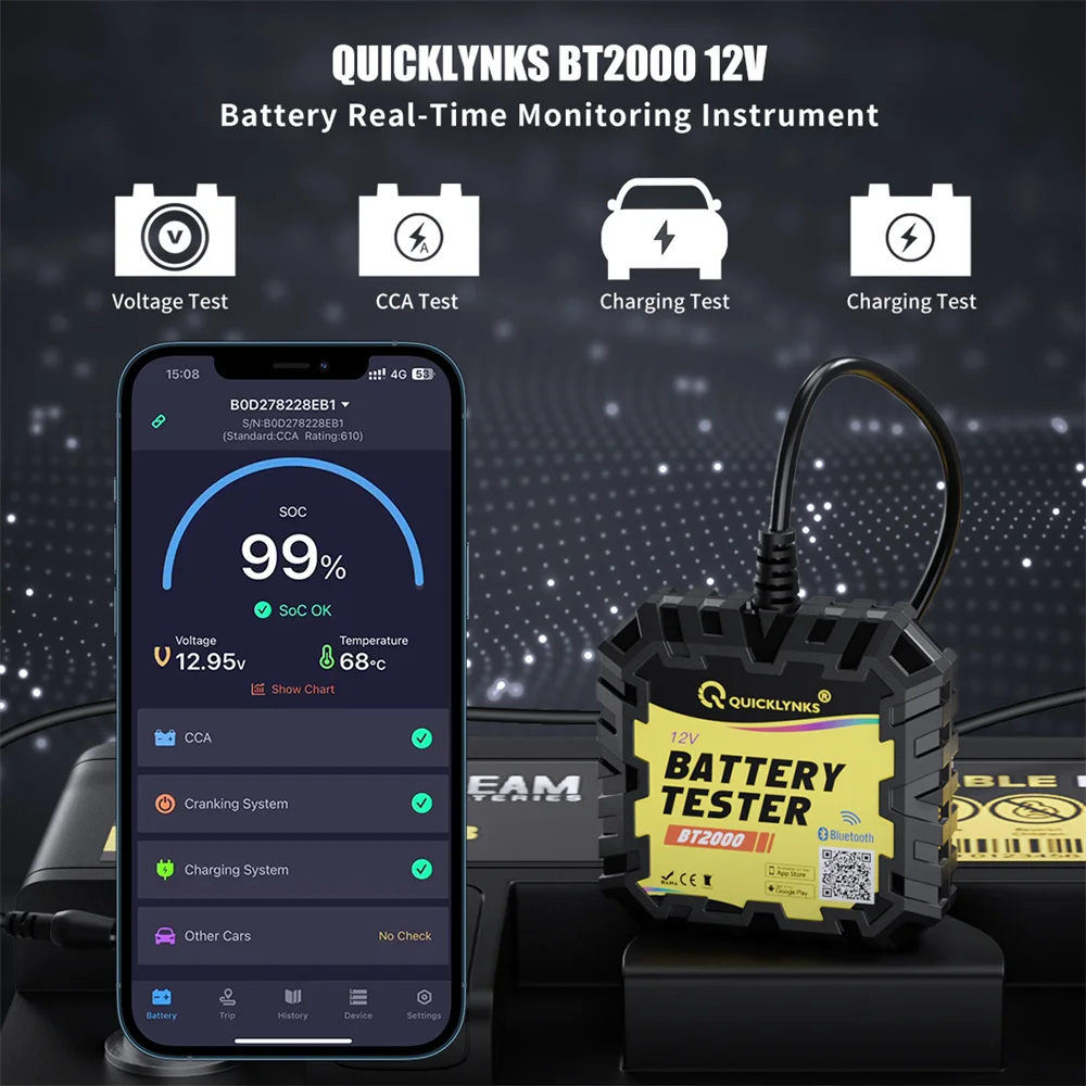 QUICKLYNKS BT2000 12V Battery Test 100-2000 CCA Bluetooth Monitor Battery Cranking&Charging Test APP For Android IOS