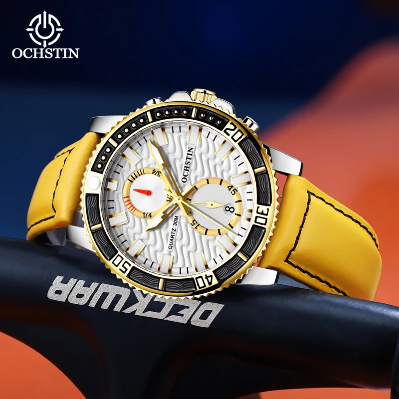 OCHSTIN New Fashion White Dial Yellow Leather Strap Multifunctional Quartz Men's Watch Waterproof Outdoor Sports Male Wristwatch
