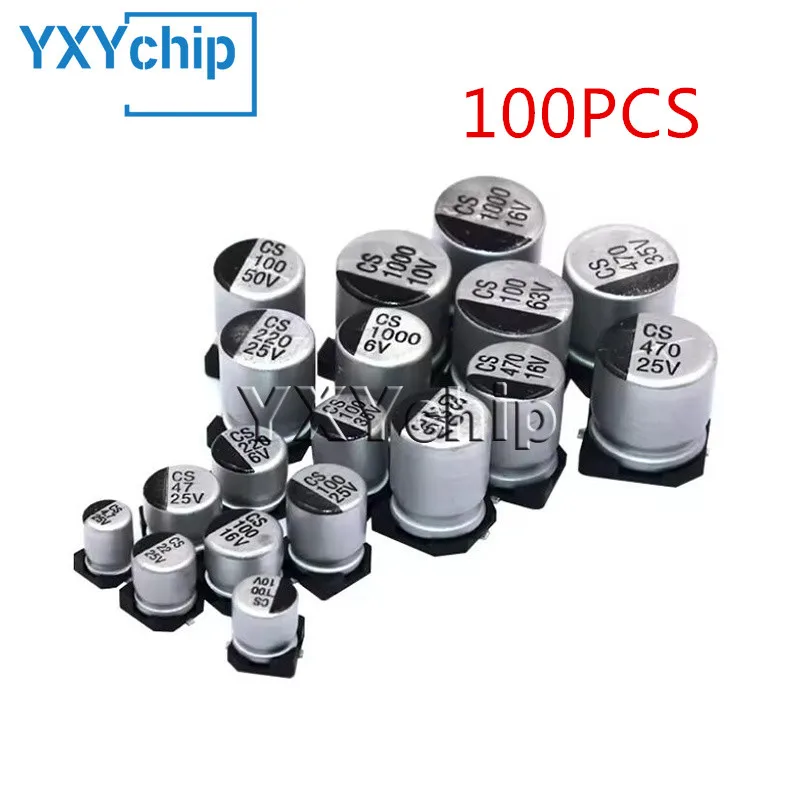 

100Pcs 6.3V 10V 16V 25V 35V 50V 63V 100V400V SMD Aluminum Electrolytic Capacitor 1UF10UF 22UF 33UF 47UF 100UF 330UF 470UF 1000UF