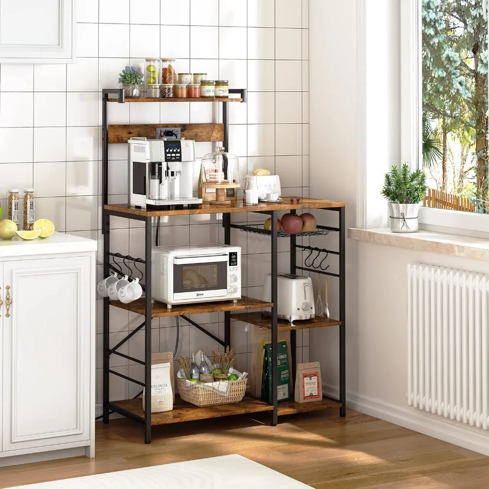 Bakers Rack with Power Outlet, Microwave Stand, Coffee Bar with Wire Basket, Kitchen Storage Rack with 6 S-Hooks