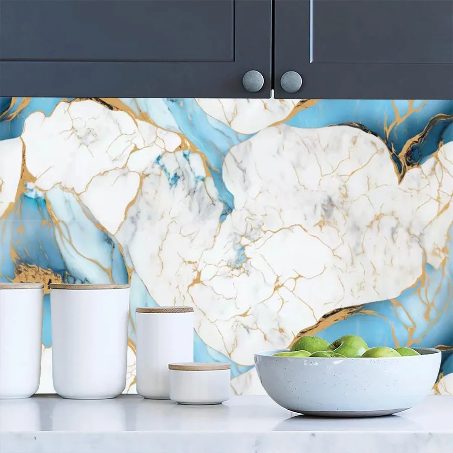 Blue Marble Pattern Self-adhesive Wallpaper, Oil and Water Resistant Stickers Kitchen Background Wall PVC Wallpaper