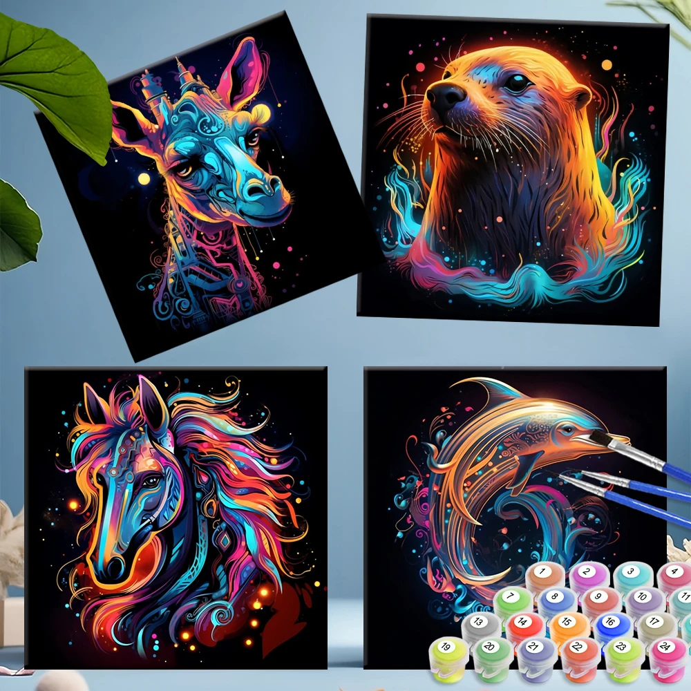 

4Pcs Digital Oil Painting Horse Dolphin DIY Coloring By Numbers Animal Guinea Pig Painting By Numbers Wall Decor Living Room
