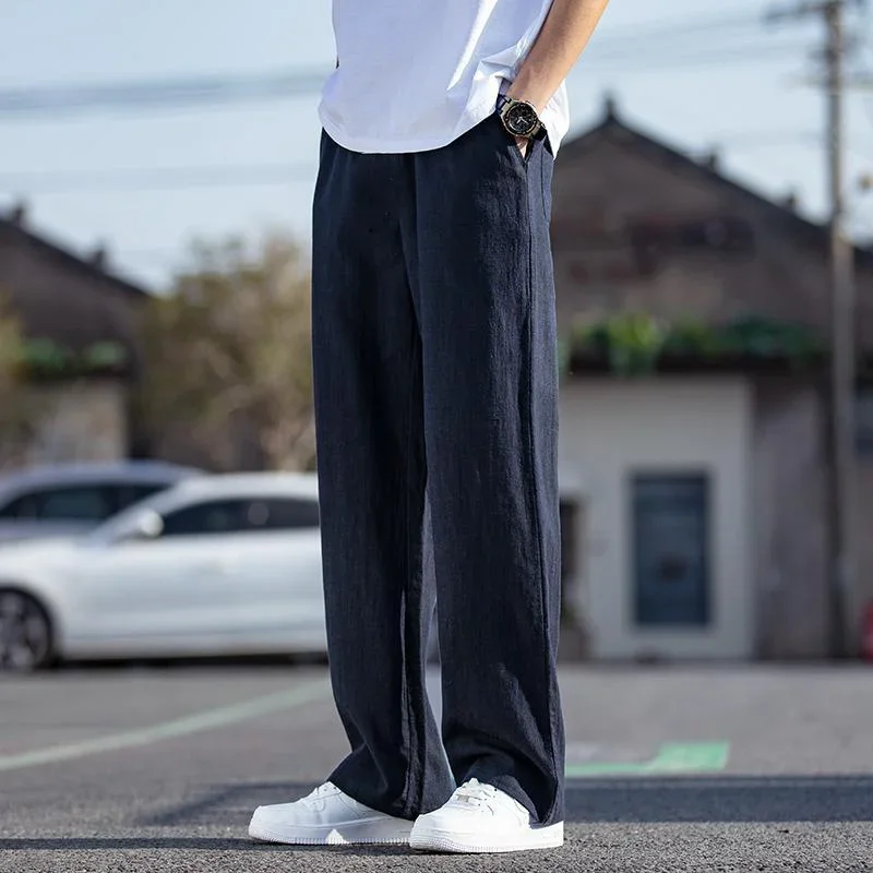 

Pop L Pants Man Linen Thin Pocket Summer Straight Plus Size Big For Men Streetwear Vintage Trend Polyester Designer