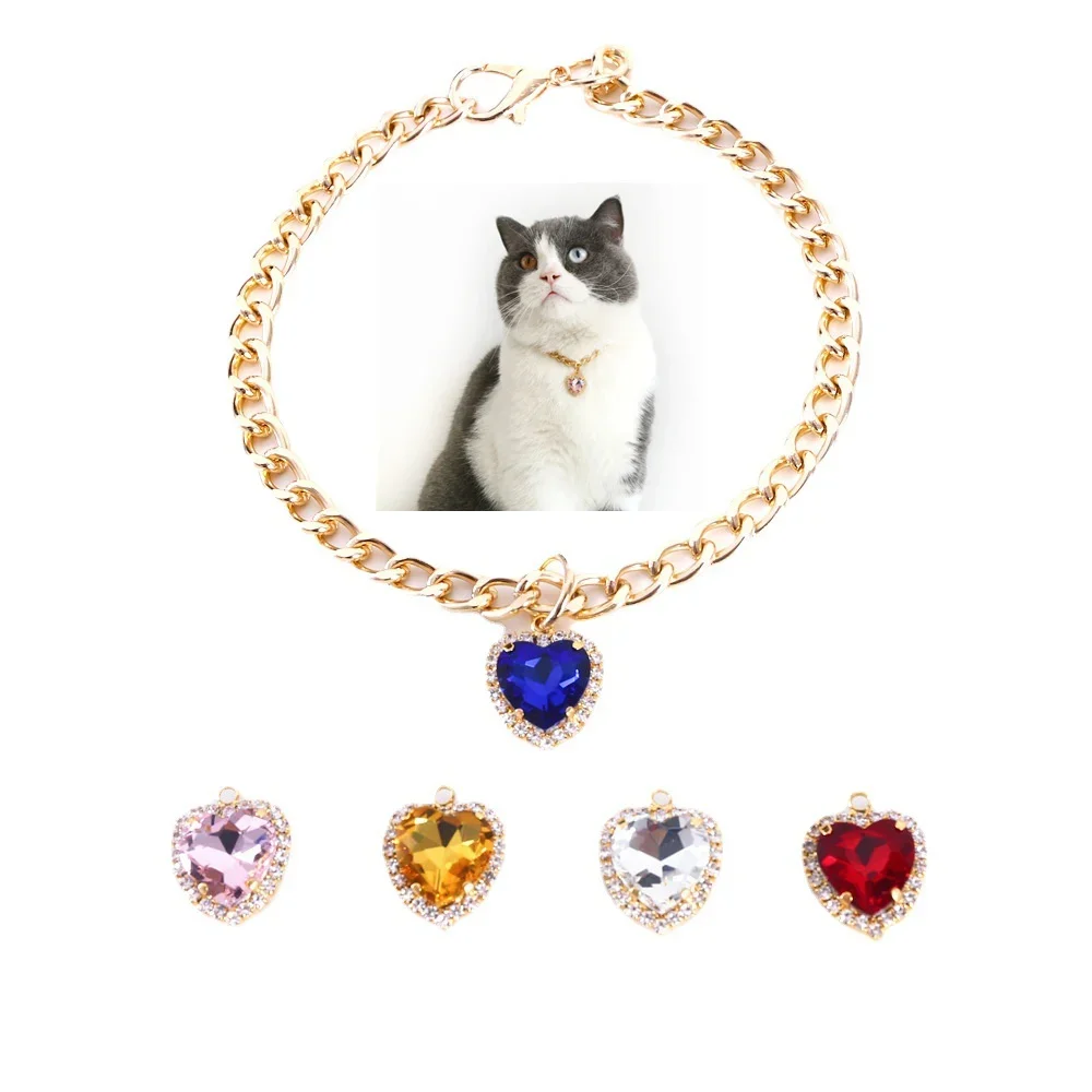 Dog Accessories Metal Heart-shaped Rhinestone Gemstone Adjustable Pet Collar Handmake Party Necklace for Puppy Dog Cat Supplies