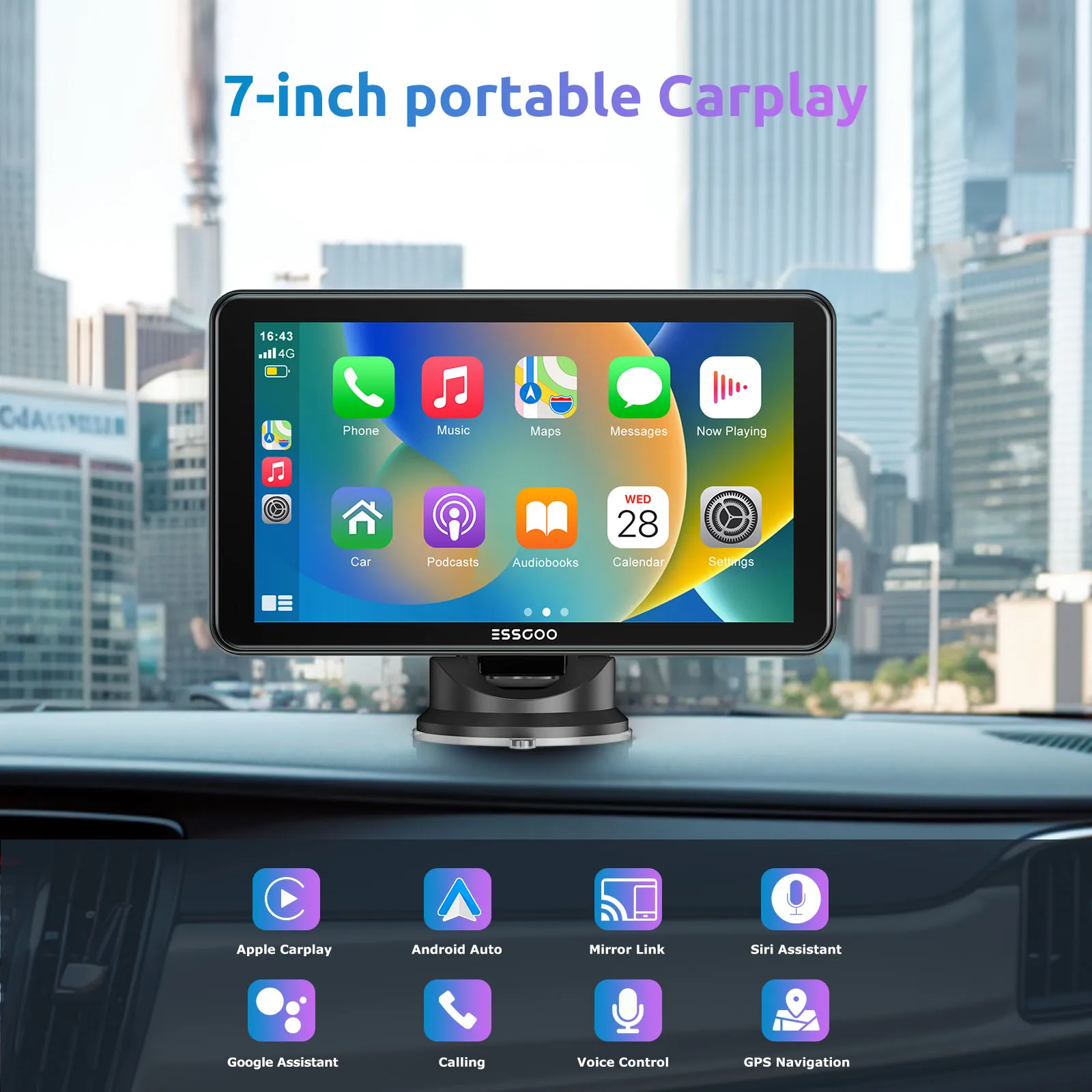 ESSGOO Portable Car Radio Multimedia Video Player Wireless CarPlay Android Auto 7inch Touch Screen AUX FM Rear View Camera