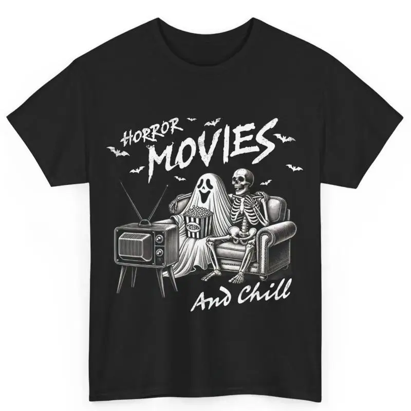 

Ghost Skeleton Horror Movies And Chill Halloween Cotton T Shirt