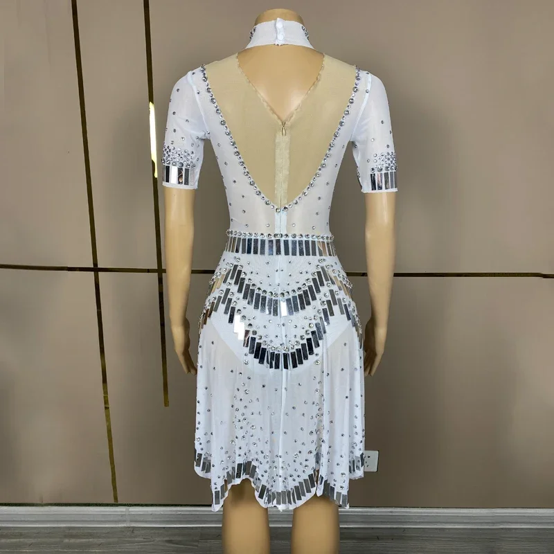 Abiti da sera da festa bianchi a maniche corte con paillettes e strass Abito da donna Festival Outfit Compleanno Festeggia il costume XS6958