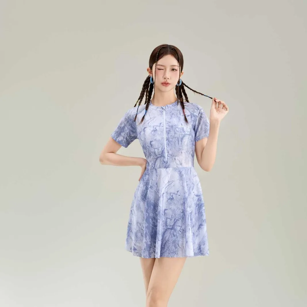 New One-piece Skirt Style Swimsuit for Women, Slim and Round Neck Style, Small and Fresh Versatile Printed and High-end Swimsui