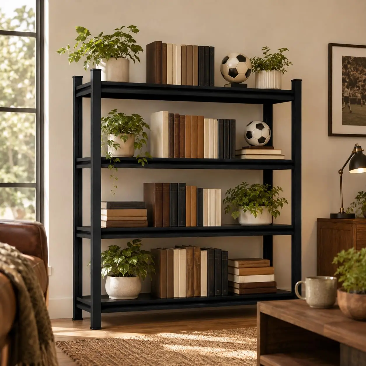 Metal Wide Bookshelf Heavy Duty Adjustable 4-Tier Storage Shelf Living Room Bedroom Library 44.1