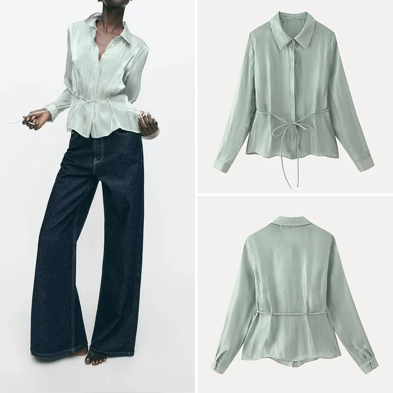 

Z Women's Long Sve irt with Bow Tie Decoration And Bright Effect Casual Sle Polyester Fiber 00% New 2025