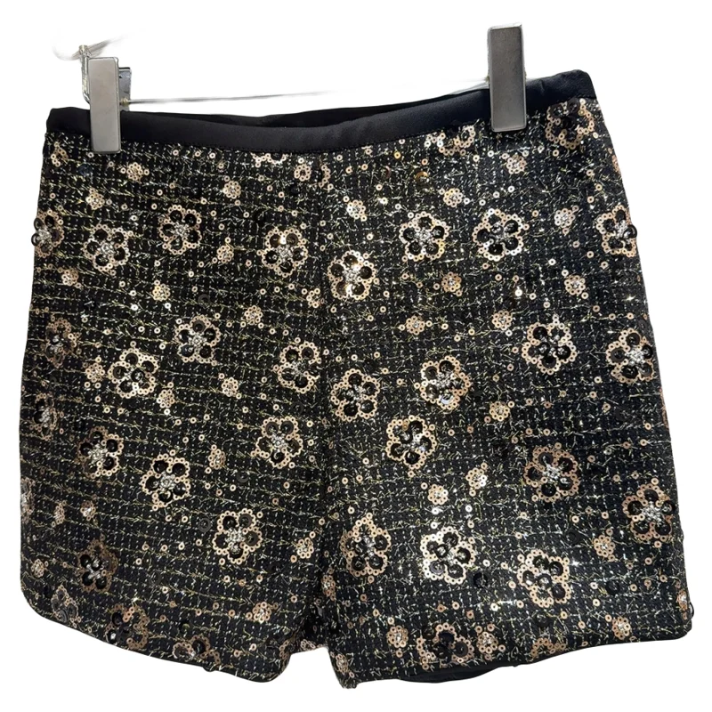 กางเกงบูทคัทผ้าทวีดปักลายดอกไม้เลื่อมทอง งานหนัก ความยาวครึ่งขา สไตล์ลำลองสำหรับผู้หญิง แฟชั่นหรูหรา ฤดูหนาว สินค้ามาใหม่