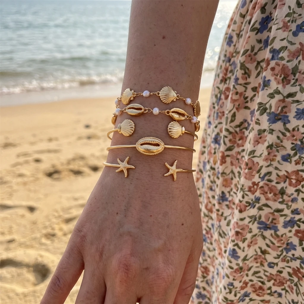 

Starfish Shell Bracelet Cuff 5-Piece Set Summer Ocean Style Accessory Holiday Gift Vacation Accessory