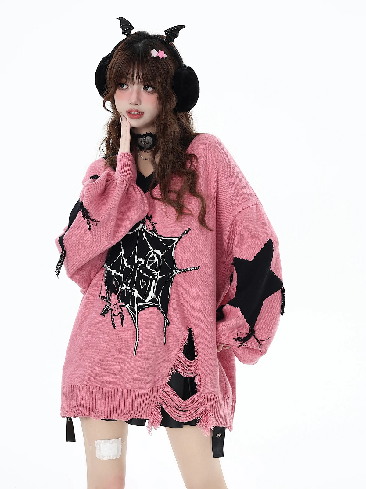 Japanese Subculture Harajuku Dark Sweet Cool Y2K Knitted Sweater V-neck Long Sleeve Loose Ripped Knitwear Pullovers Women Autumn