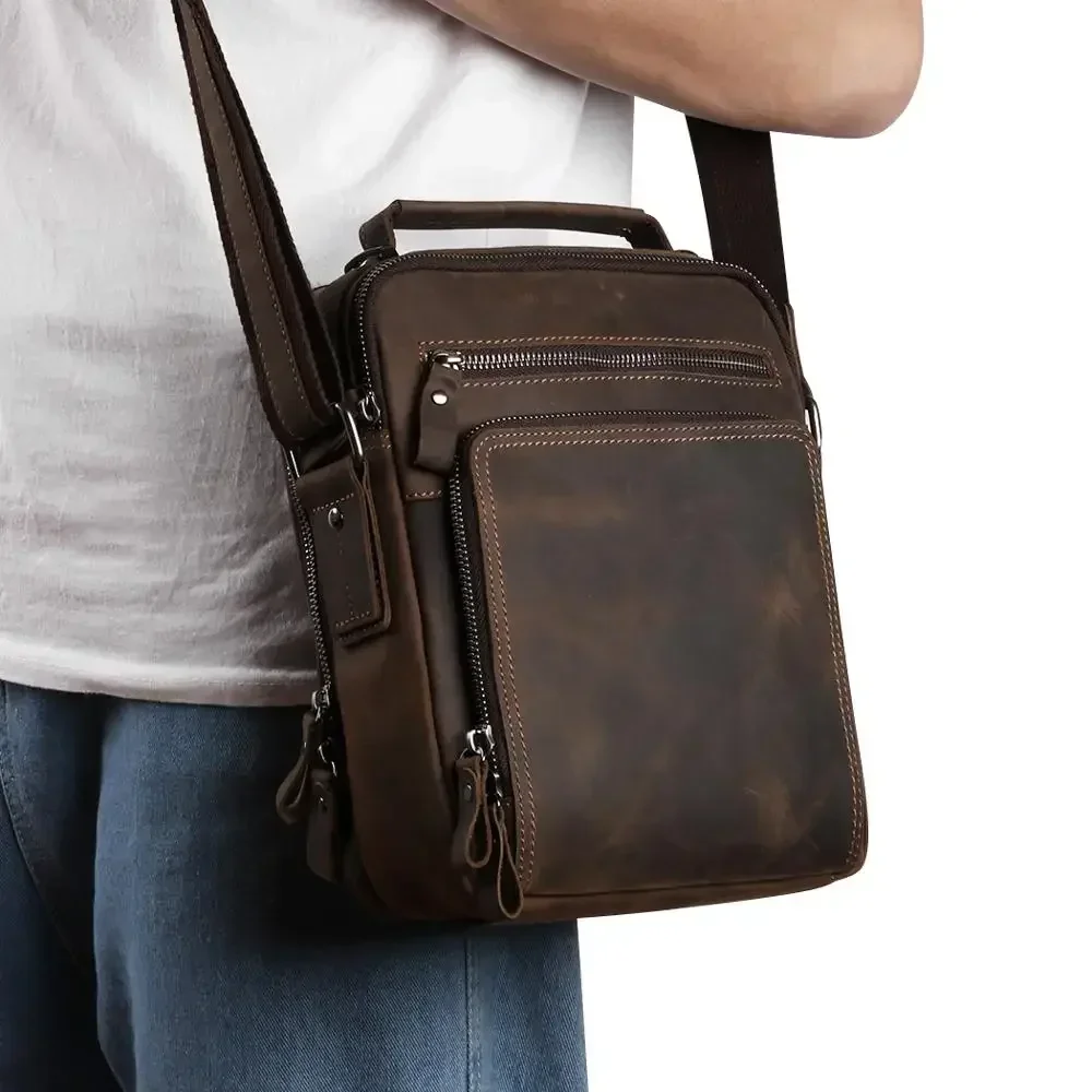 Bolso de mensajero de cuero genuino para hombres, bolsos Vintage, bolso de hombro con solapa pequeña, bolsos de mensajero de oficina casuales, bolso