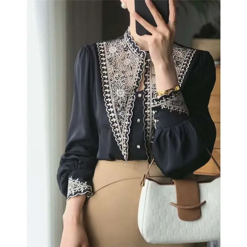 Hollow Out Embroidery Elegant Blouse For OL Lady Stand Collar Long Sleeve Temperment Shirt Top q97