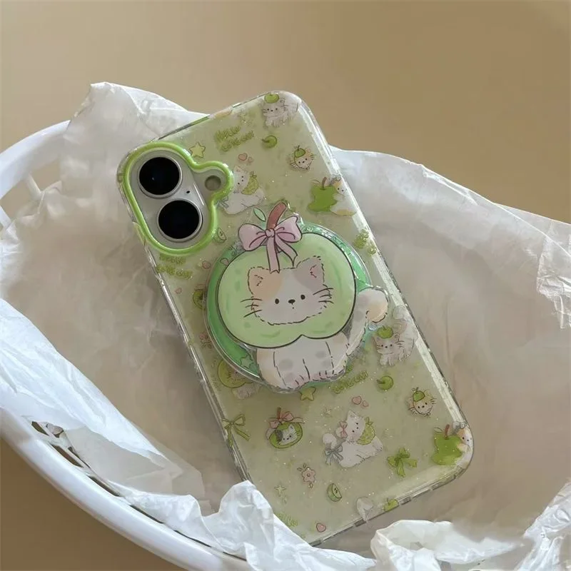 Magnetic Cute Apple Green Kitten Griptok Suitable for iPhone 17 16 Pad Magsafe Smart Stand Magnetic Phone Stand