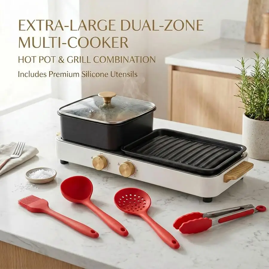 This 2-In-1 Dual-Zone Electric Hot Pot And Barbecue Grill Combination Features Independent Dual Temperature Control, A Non-Stick
