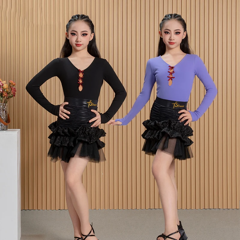 Meisjes Latin Dans Kostuum Lange Mouwen Tops Verstoorde Rok Herfst Winter Latin Dansvoorstelling Kleding Praktijk Jurk BL17153