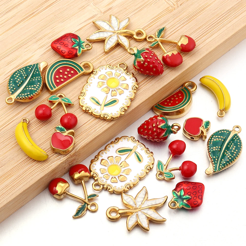 2pcs Stainless Steel Enamel Charms Cute Strawberry Cherry Fruit Flower Leaf Pendants DIY Necklace Bracelet Jewelry Making image 5
