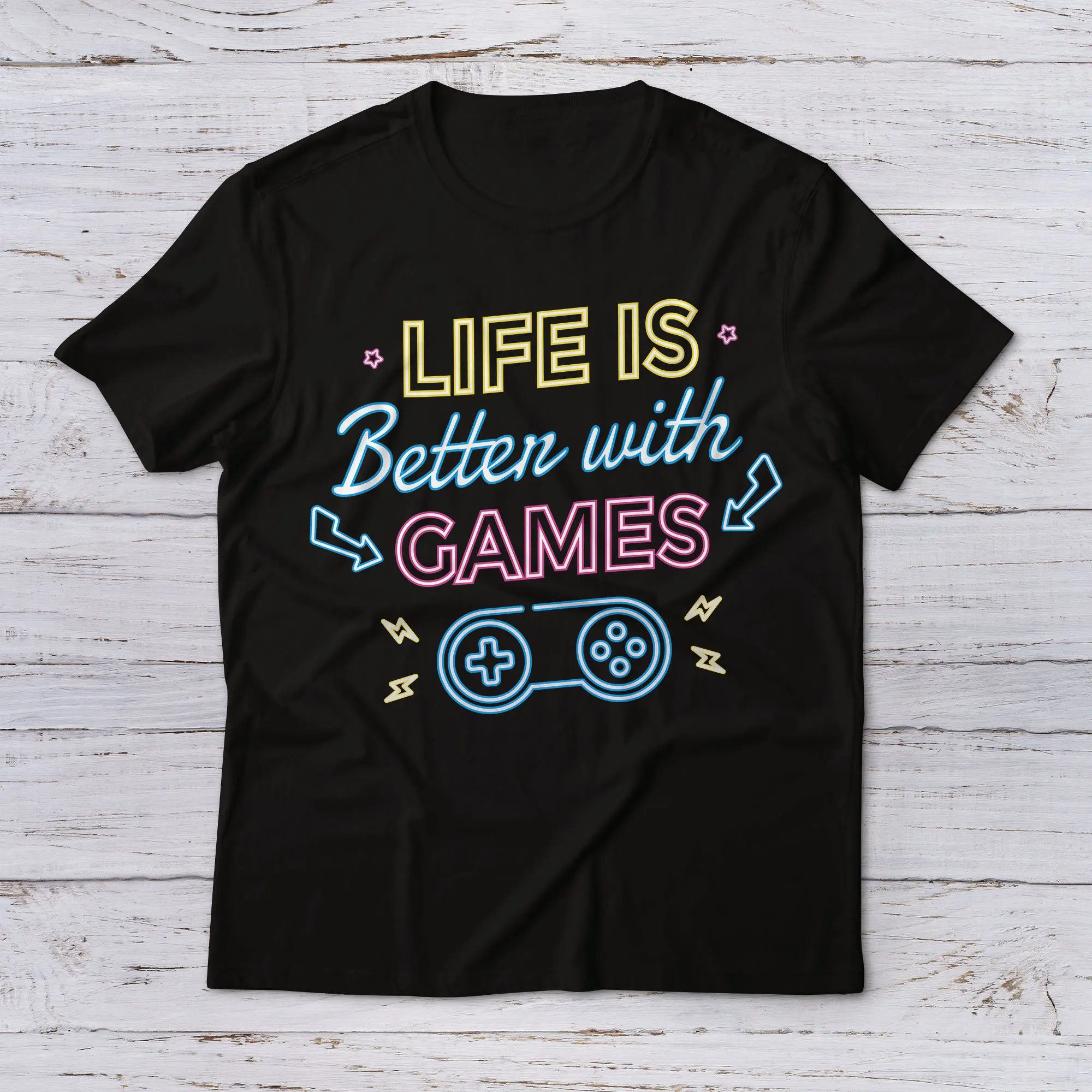 Life Is Better With Games T Shirt Gaming Gamer Gamergirl Controller MMORPG RPG Funny Birthday Neon Retro