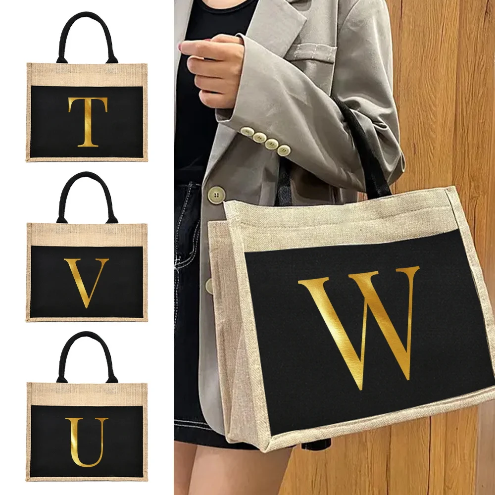 

Cotton and Linen Shopping Bag Large Capacity Cotton Linen Handbag Black Fashion New Design Women Men Canvas Handbags