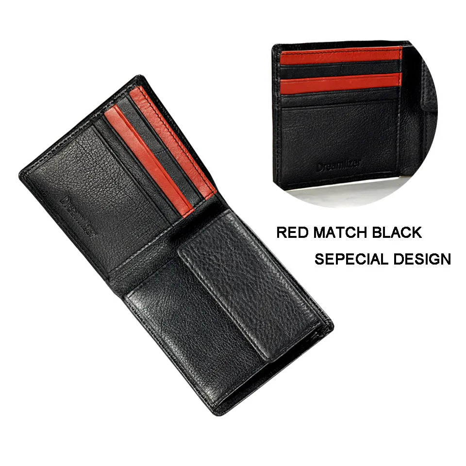 Dreamlizer Men Classic Thin Bifold Leather Wallet Short Italian Grain Genuine Leather Male Purse Large Coin Pocket Bag for Boy