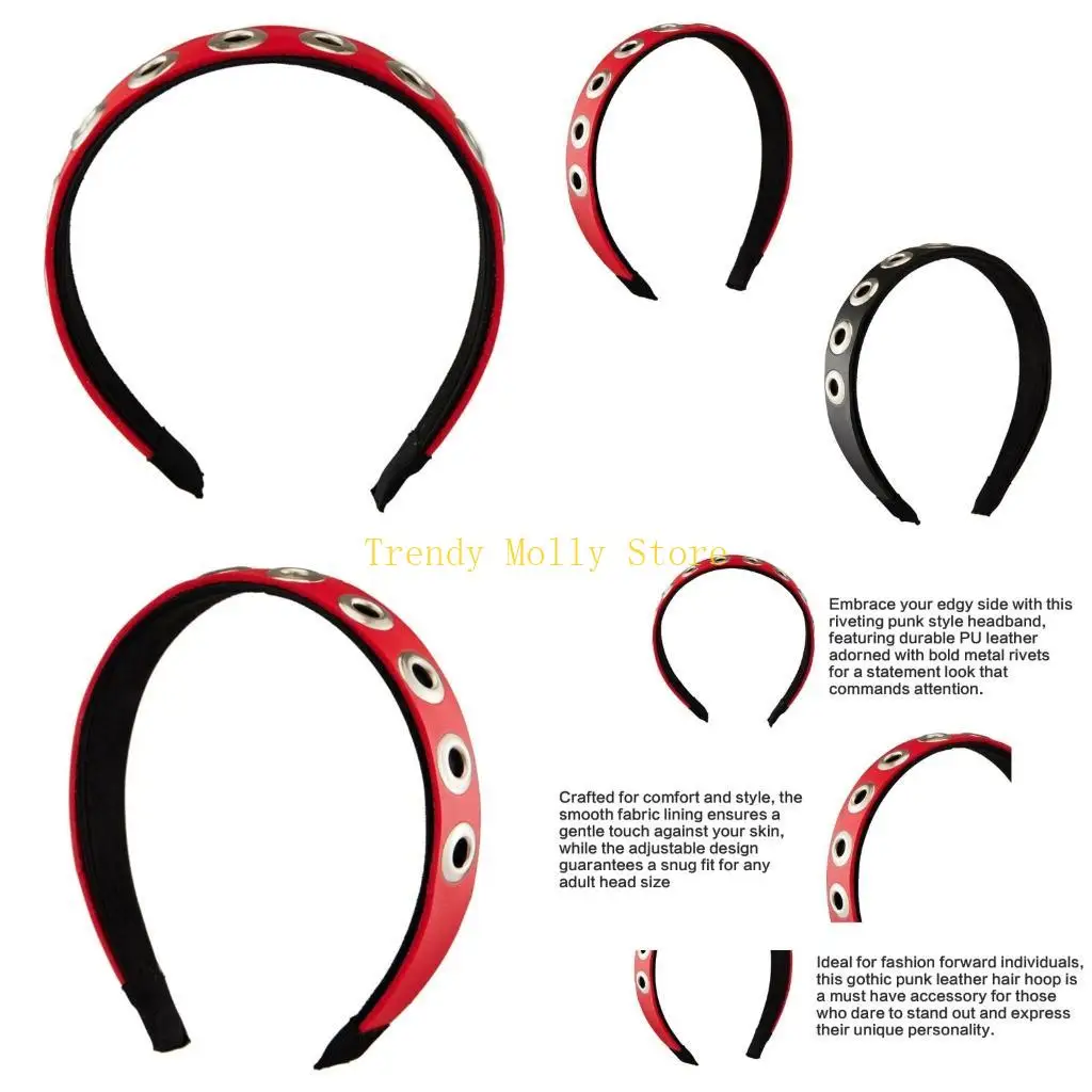 

N5KB Готический панк-рок ободок для волос из искусственной кожи с заклепками на крючках Шиньоны унисекс аксессуар для волос для