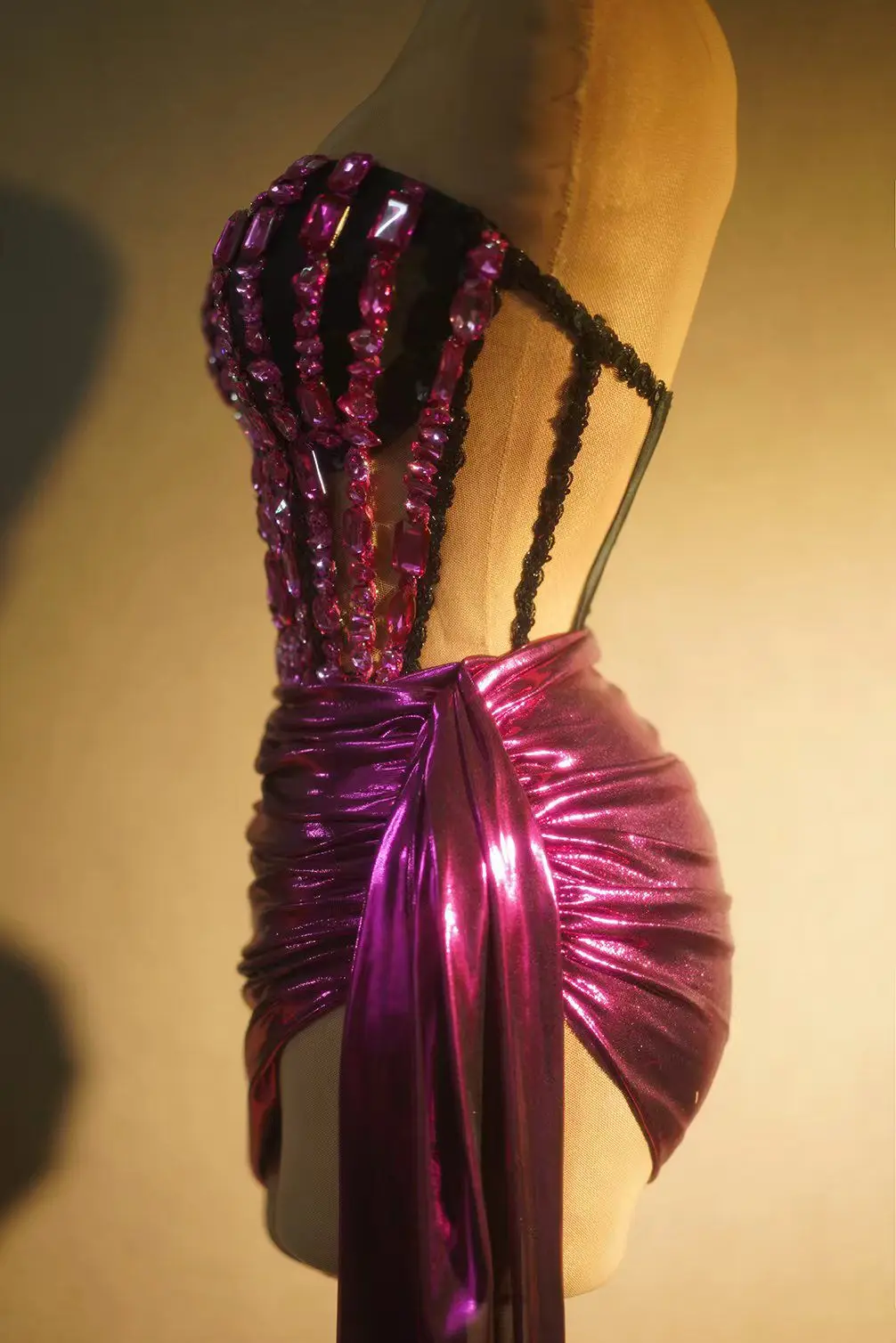 Sexy Purple Tube Top Large Streamer Elastic Reflective Material Fashion Show Mini Party Dress