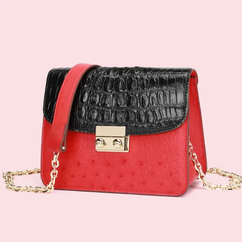 dae New crocodile skin and Sostrich skin  Female bag  Small square bag with one shoulder  Cross women  chain bag