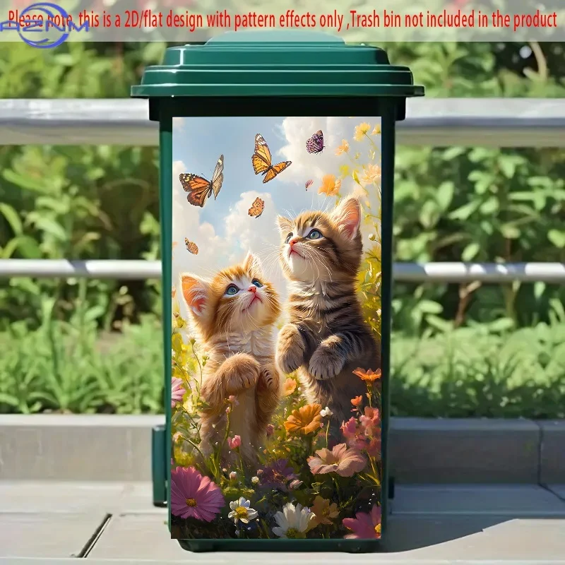 Autocollants adhésifs pour poubelle, motif deux chatons chassant des papillons dans un champ de fleurs, décoration PVC pour poubelle, sans décoration sur le thème des festivals