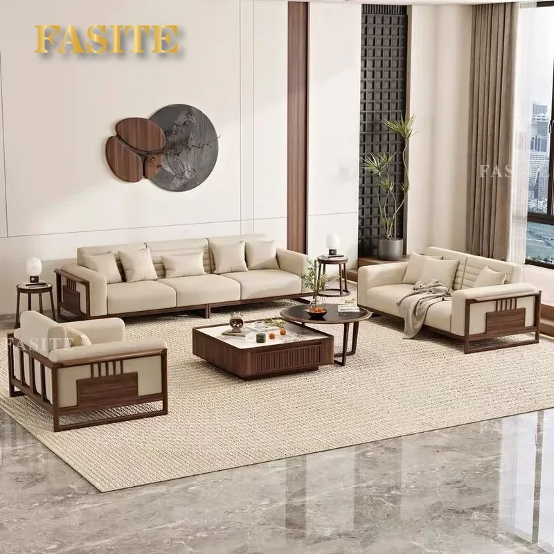 New Chinese Style Solid Wood Sofa Set Modern Simple Zen Furniture for Living Room Villa Small Apartment 3 Seater 4 Seater
