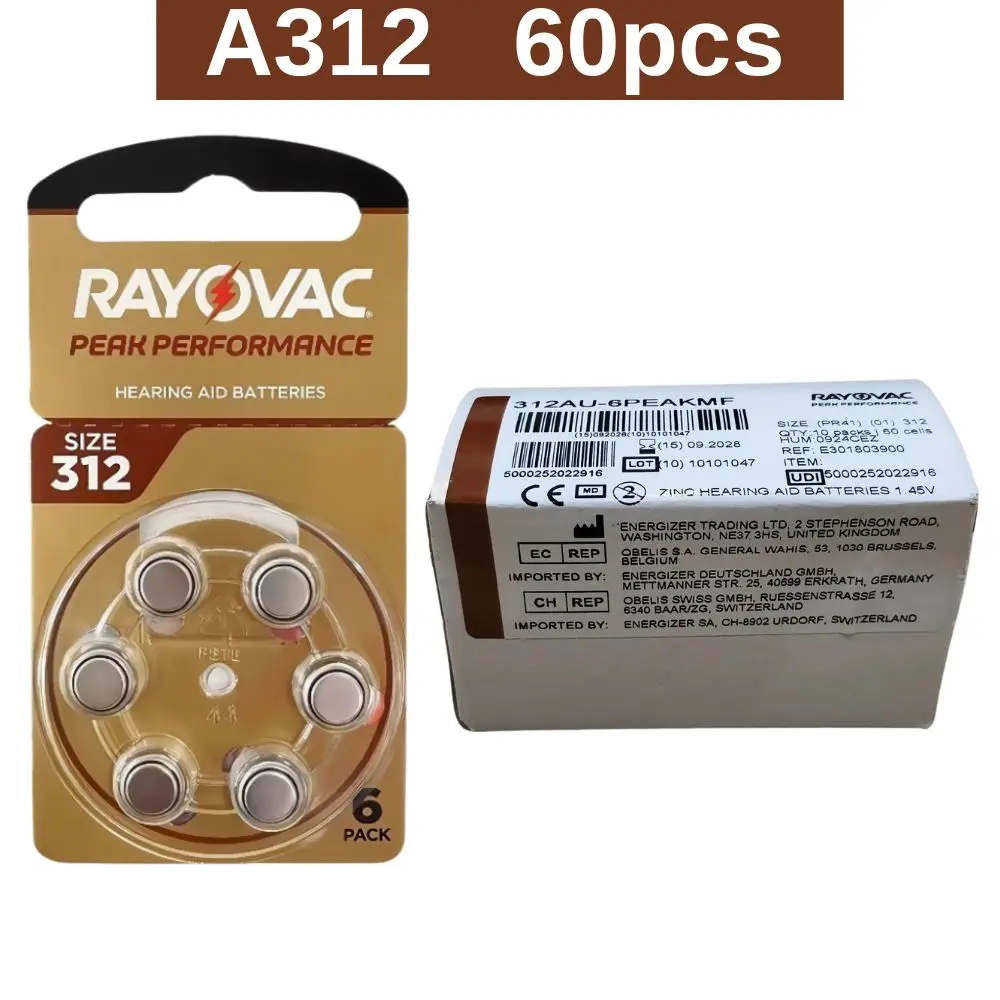 60 uds RAYOVAC PEAK-Zinc Air 1,45 V batería para audífonos, 60 piezas, A312 312A 312 P312 ZA312 PR41 y S312 novedad,