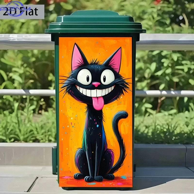 2D Flat Printing 1pc Trash Can Sticker  Grinning Black Cat Theme Design Self-Adhesive Wall Decal Wallpaper Kitchen Trash Can D